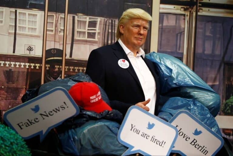 Berlin’s Madame Tussauds throws wax Trump in a dumpster ahead of elections.