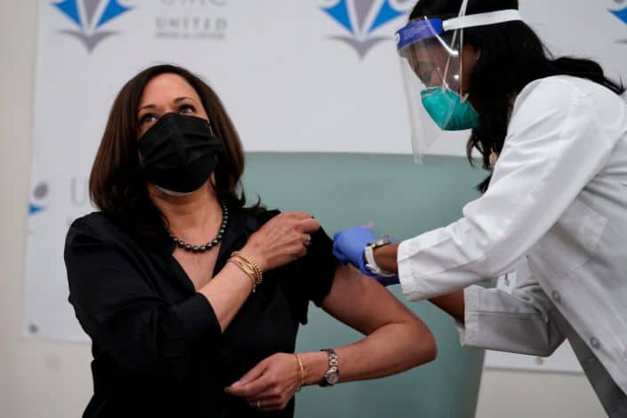 Vice president-elect Sen. Kamala Harris receives first dose of COVID vaccine on camera.