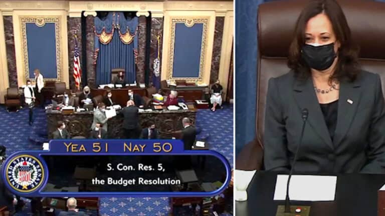 Kamala Harris casts first tie-breaking vote as vice-president.