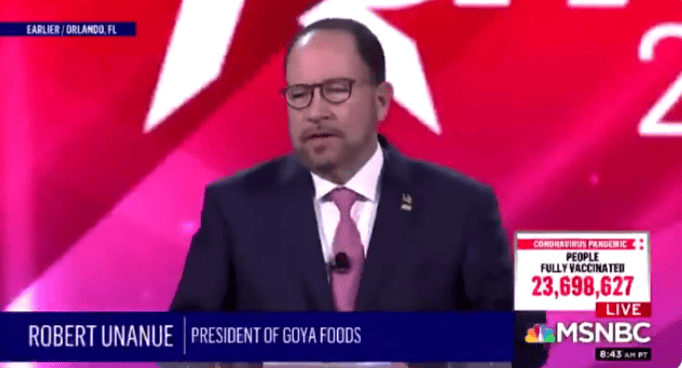 Goya CEO continues to spread false claims about the election at CPAC declares Trump the 'legitimate' president.