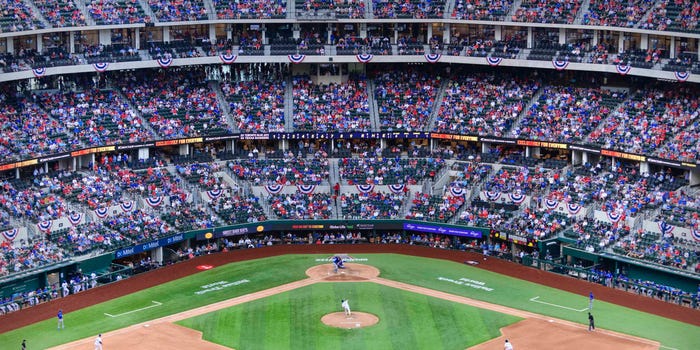 Full capacity crowd for Texas Rangers opening game amid coronavirus pandemic.