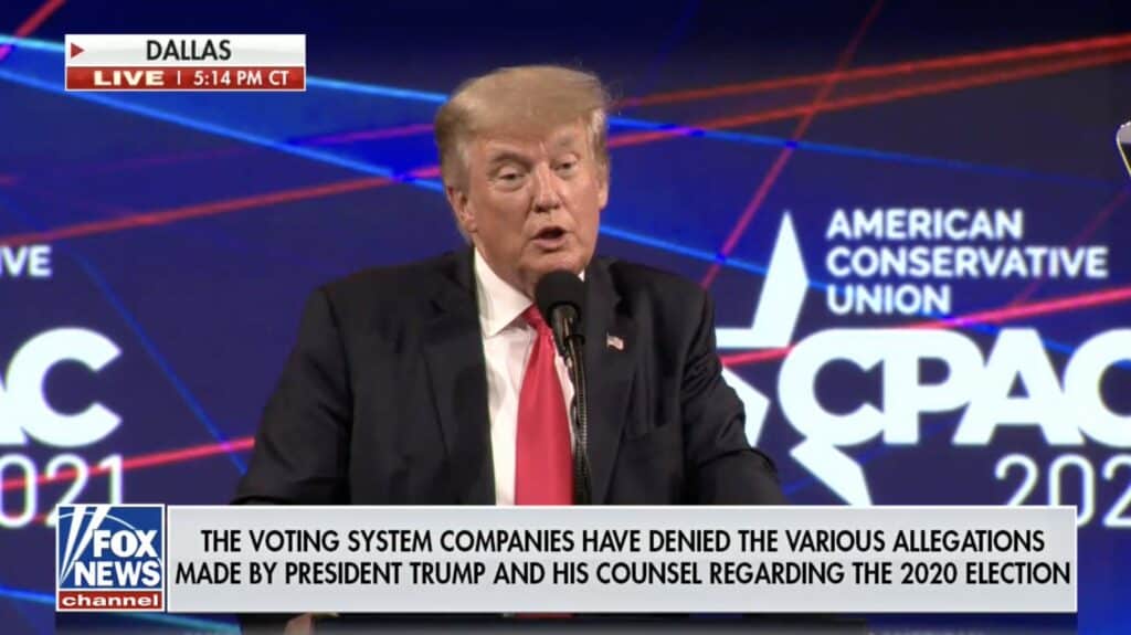 Fox News runs disclaimer over Trump's lies about the election during CPAC speech.