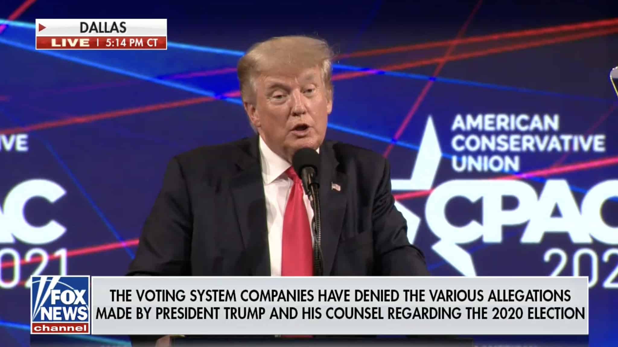 Fox News runs disclaimer over Trump's lies about the election during CPAC speech.