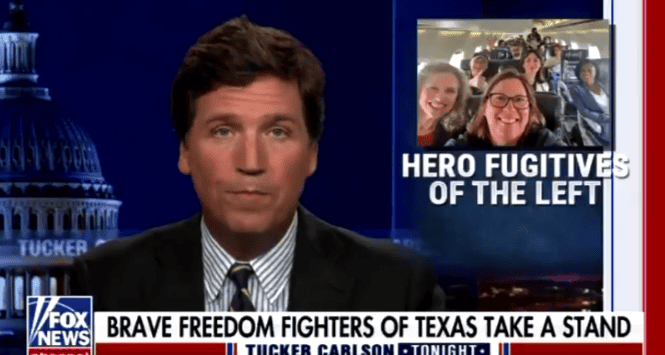 Tucker Carlson accuse Texas Democrats of insurrection by leaving the state to block a voting bill.