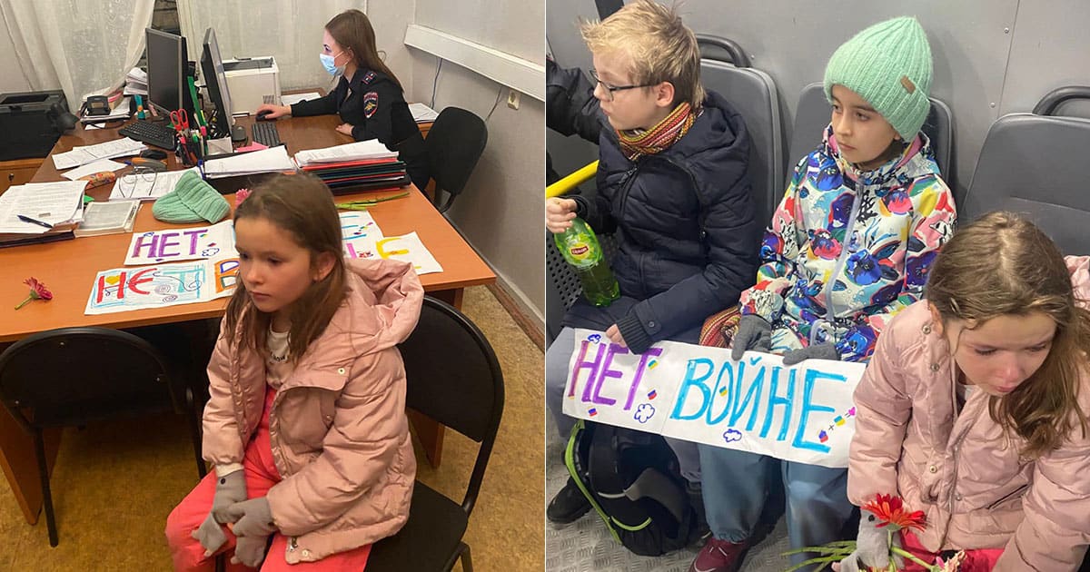 Children arrested in Russia after taking flowers to Ukrainian embassy and holding 'no to war' signs.