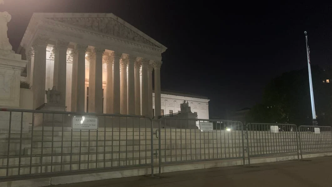 Barricades erected around Supreme Court after draft opinion overturning Roe v. Wade was leaked.