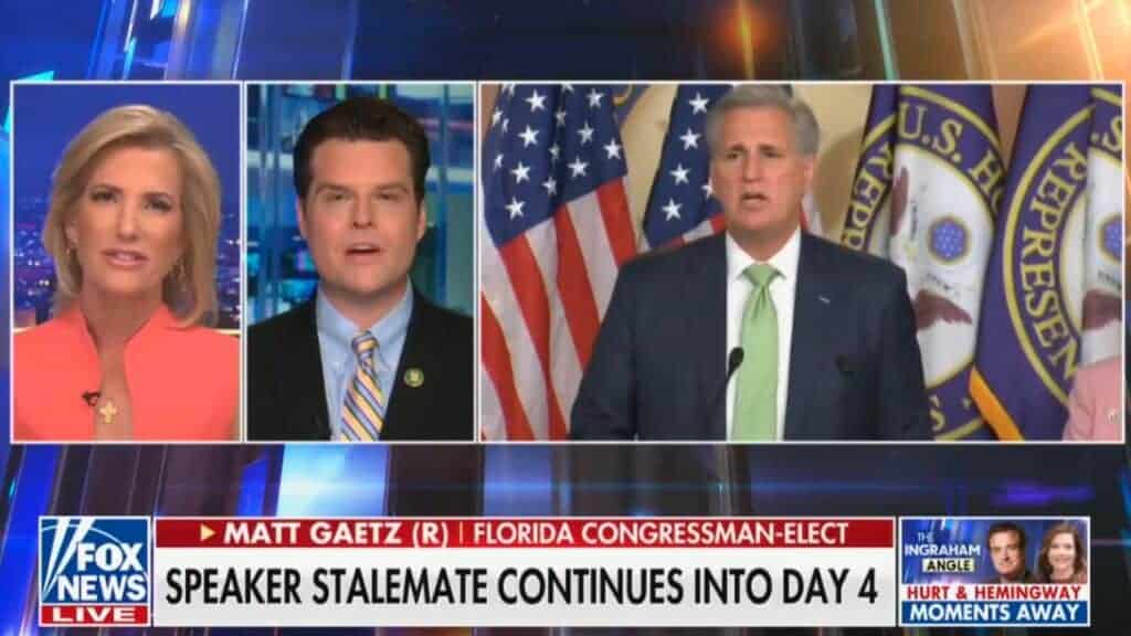 Matt Gaetz says he will resign from Congress if House Democrats vote for a moderate Republican for Speaker.