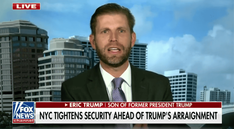 Eric Trump says people came up and hug him after news of his father's indictment broke.