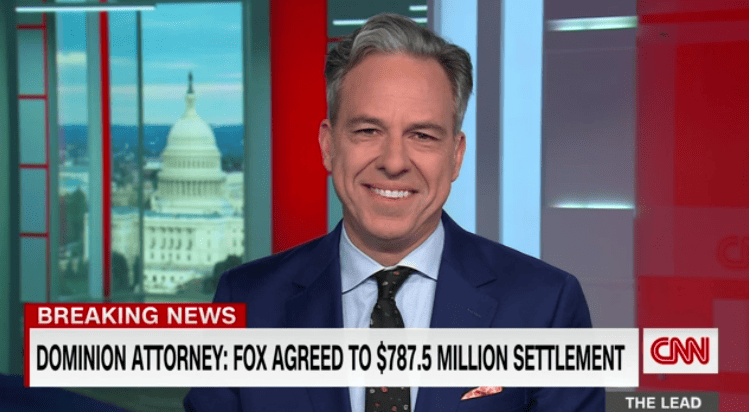 CNN's Jake Tapper laughs at Fox News statement after Dominion settlement: "Difficult to say with a straight face” 