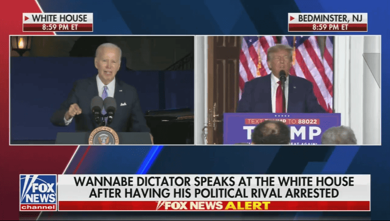 Fox News chyron refers to Biden as a "wannabe dictator" after Trump's arraignment.