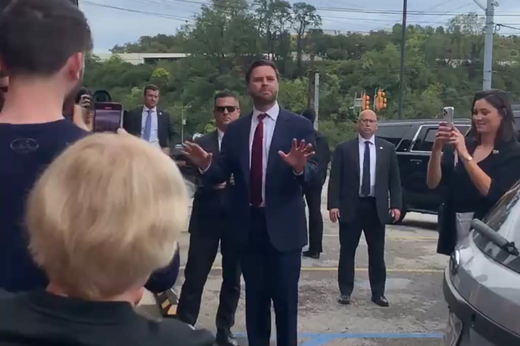 JD Vance forced to address supporters in parking lot after being denied entry in Pittsburgh restaurant.