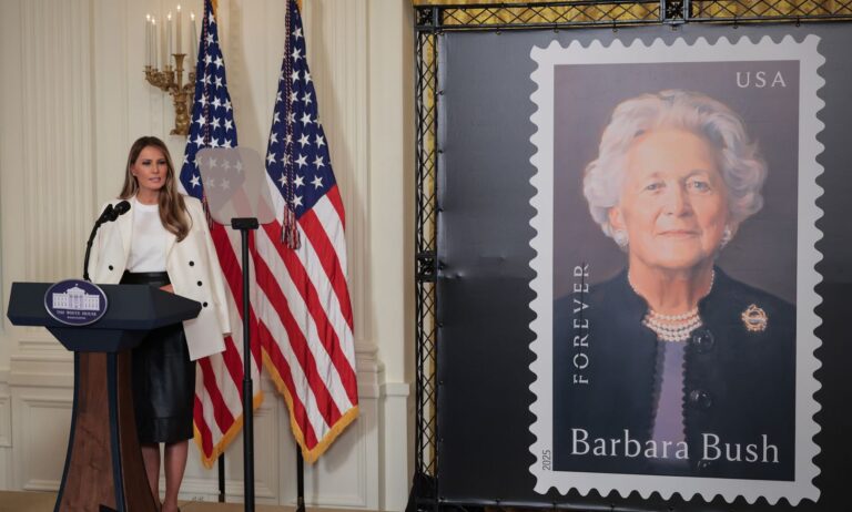 Melania Trump unveils stamp honoring Barbara Bush at ceremony skipped by George W. Bush.
