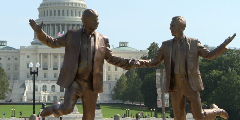 Statue of Trump and sex offender Jeffery Epstein holding hands appears on the National Mall.